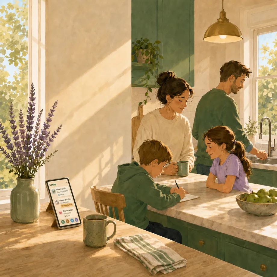A sunlit family kitchen - two parents and two children at the counter, with Calluna's Today list open on a tablet beside a vase of heather.